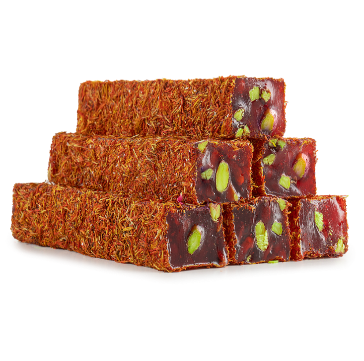 Pomegranate Flavored Pistachio Delight Cut Coated With Saffron