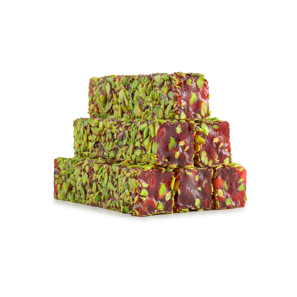 Pomegranate Flavoured Pistachio Delight Cut Coated With Pistachio Fillets