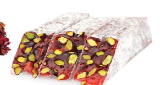 Pomegranate Flavored Pistachio Delight Cut Coated With Powdered Sugar